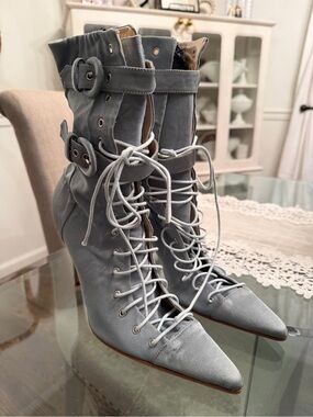 Dior Light Gray Pointed Lace-Up Ankle Boots with Buckle Straps